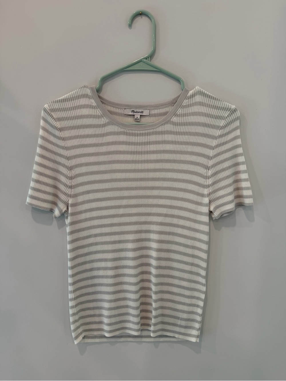 Madewell Gray & White Striped Rib-Knit Short Sleeve Top